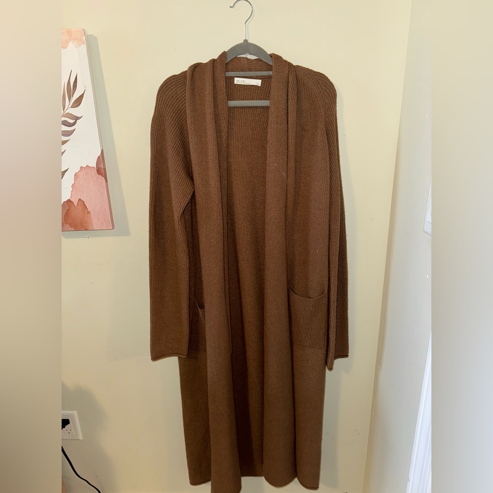 OAK + FORT Long Brown Open-Front Knit Cardigan